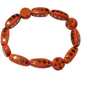 Hand Painted Orange Gold Polka Dot Beaded Stretch Bracelet Fashion Jewelry Women
